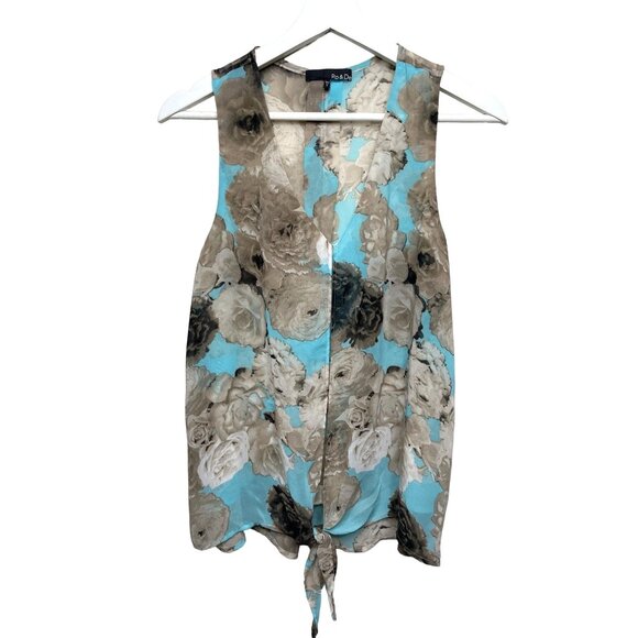 Ro and De Top Womens Small Shirt Blouse Blue Brown Floral Sleeveless Casual Work - Picture 1 of 13